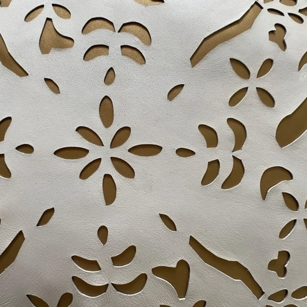 Anthropologie White Leather Gold Inlay Pillow